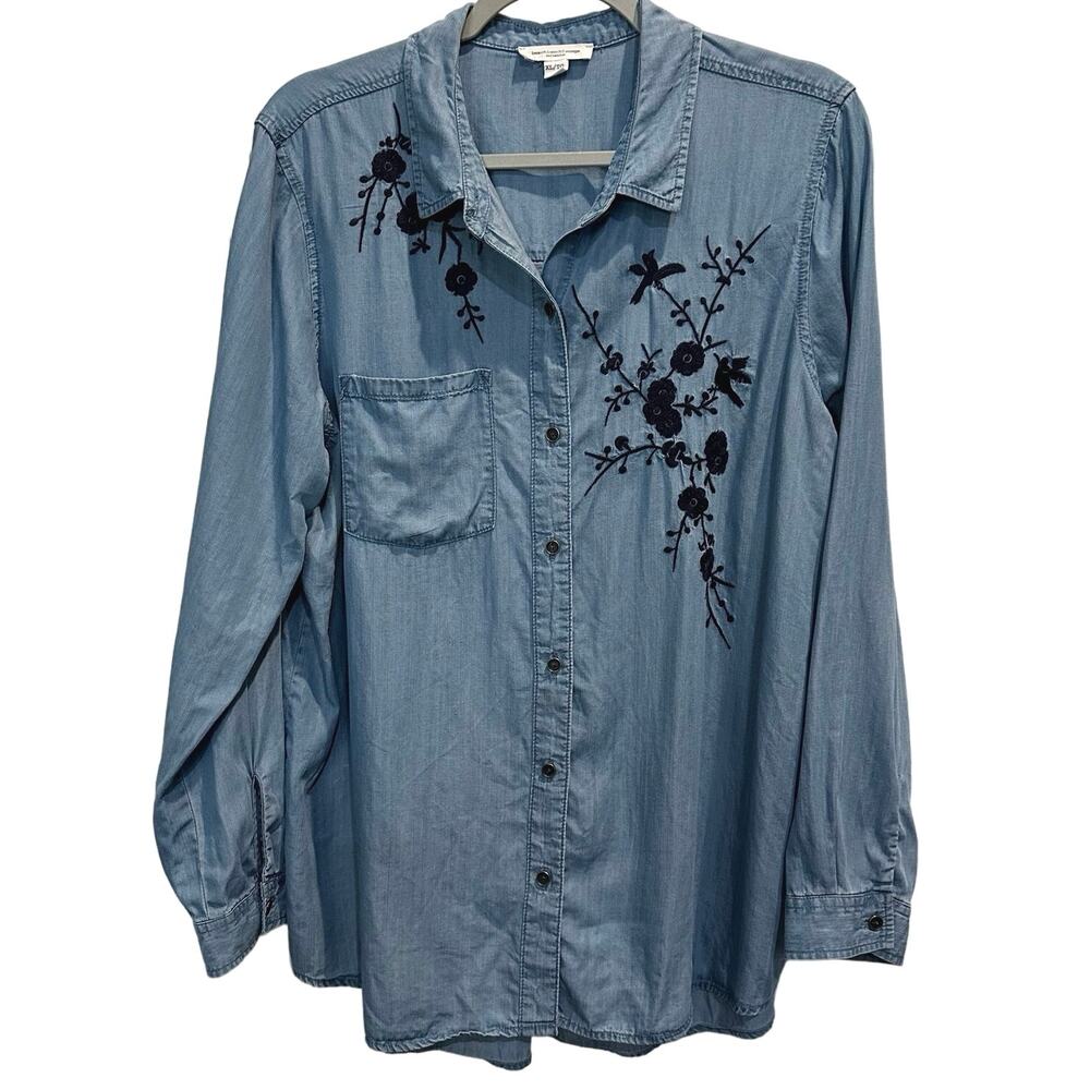 Beach lunch lounge denim blue long tail button front shirt size XL - Picture 2 of 8